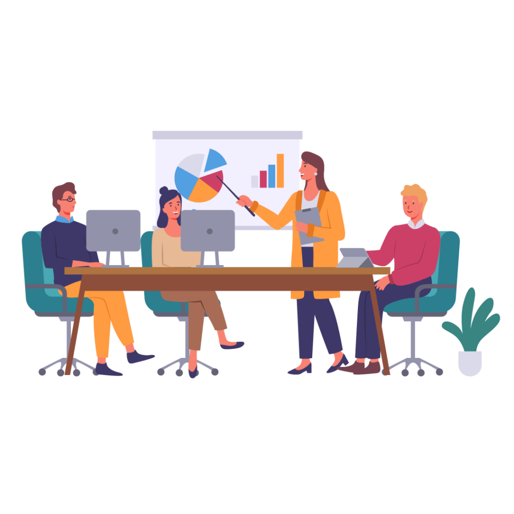 Cartoon of four people looking at data in a presentation